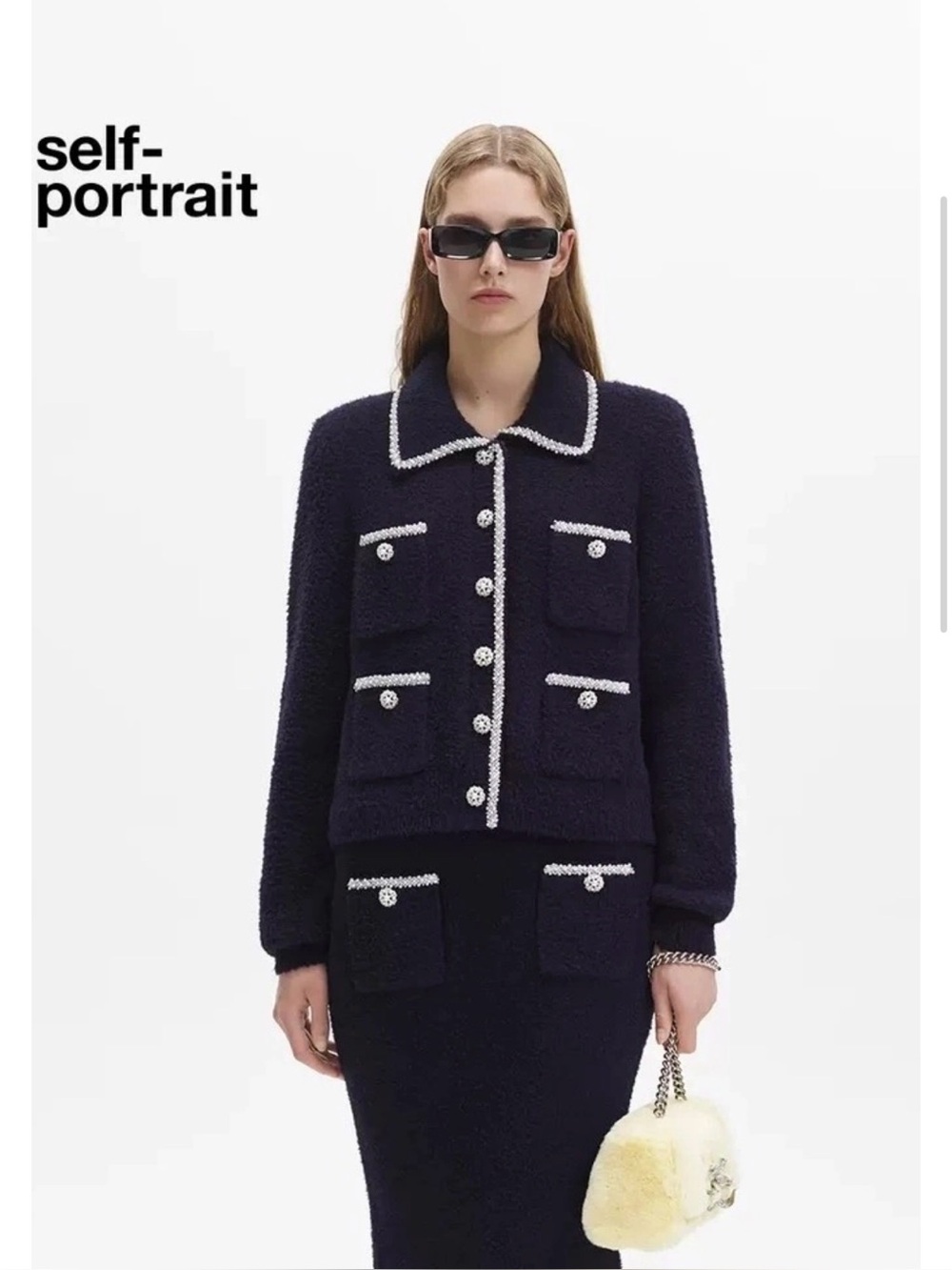 Self-Portrait Black Knit Jacket with Gold Trim